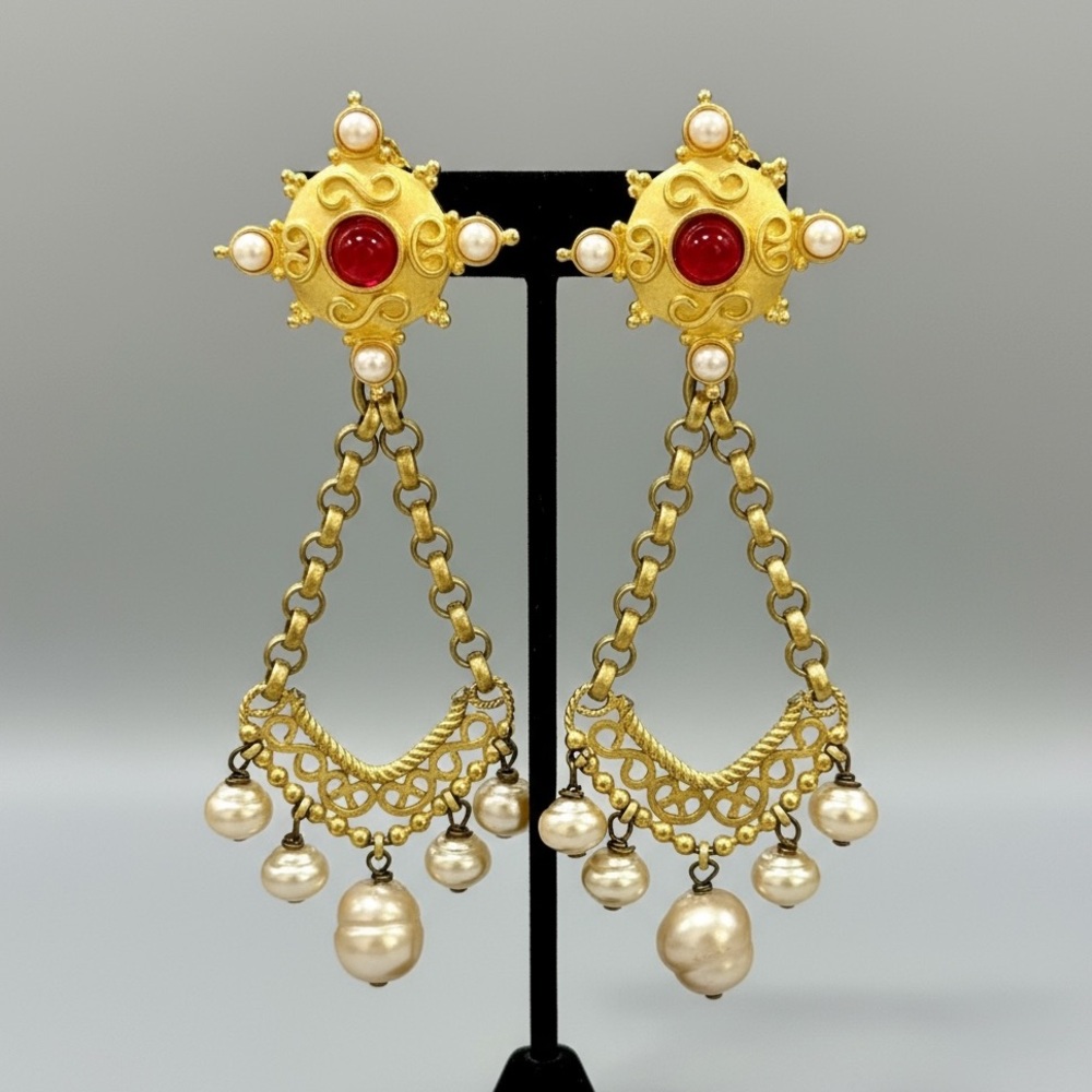 Vintage Linda Levinson Byzantine Statement Earrings – 5 ⅛” Gold & Pearl Clip-Ons